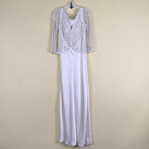 Jovani White Beaded Silk Gown with Sheer Embellished Jacket Formal Dress Size 14